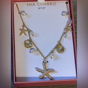Gold Starfish and Shell and Pearls Charm Necklace
